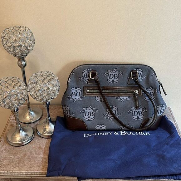 Dooney & Bourke Signature D & B Blue/Brown Canvas Zip Around Handbag w/Dust Bag - Picture 1 of 8